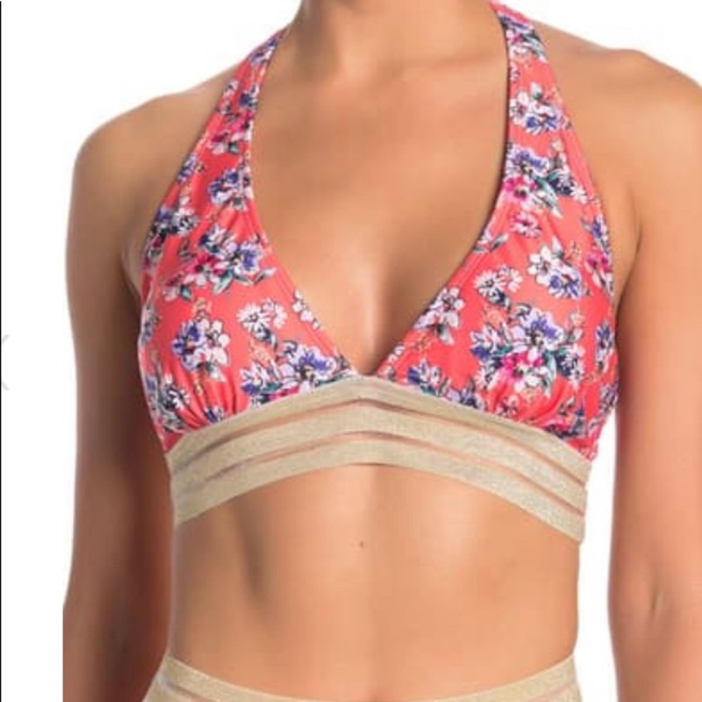 NWT Nicole Miller Floral Printed Halter Bikini Top